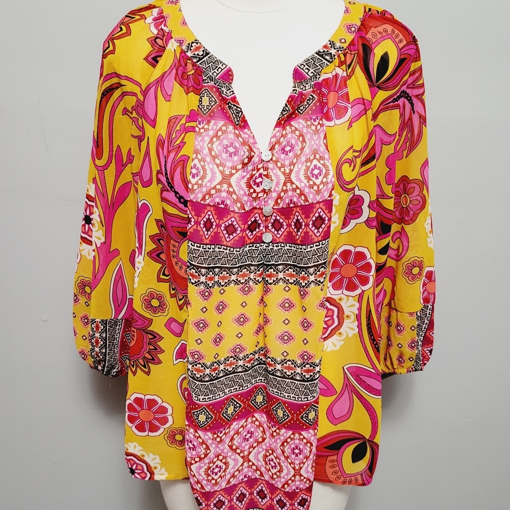 new direvtions mustard paisley aztec combo popover blouse size large